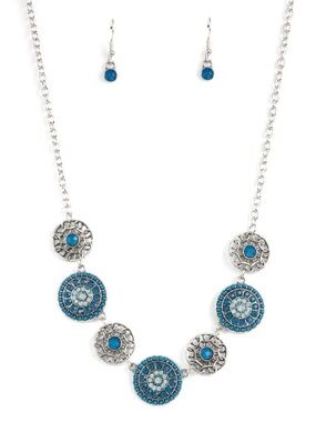 Paparazzi Blue Statement Necklace & Earrings Set Silver Tone